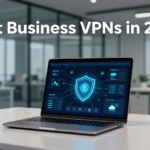Create a premium, photorealistic featured image for a professional technology blog post titled “Best Business VPNs in 2026.” Show a modern corporate workspace with a laptop displaying a sophisticated cybersecurity dashboard, a subtle glowing digital shield symbol, and elegant encrypted network connection lines linking remote employees, office devices, and cloud infrastructure. Use a refined palette of deep navy blue, charcoal, white, and subtle electric cyan accents. Incorporate realistic glass office architecture, clean desk details, soft cinematic lighting, precise reflections, and a polished enterprise technology aesthetic. The composition should communicate business cybersecurity, secure remote access, data protection, privacy, and professional reliability. Keep the central subject visually clear, with balanced negative space for optional headline placement. Use realistic materials, crisp details, natural perspective, sophisticated lighting, and high-end commercial photography quality. Ensure the image looks credible, elegant, modern, and suitable for a premium business technology publication. **Image specifications:** Landscape 16:9 aspect ratio, 1200 × 675 pixels, high resolution, professional editorial composition, optimized for a website featured image. No text, no letters, no numbers, no logos, no watermarks, no brand names, no exaggerated holograms, no cartoon graphics, and no artificial-looking visual effects.