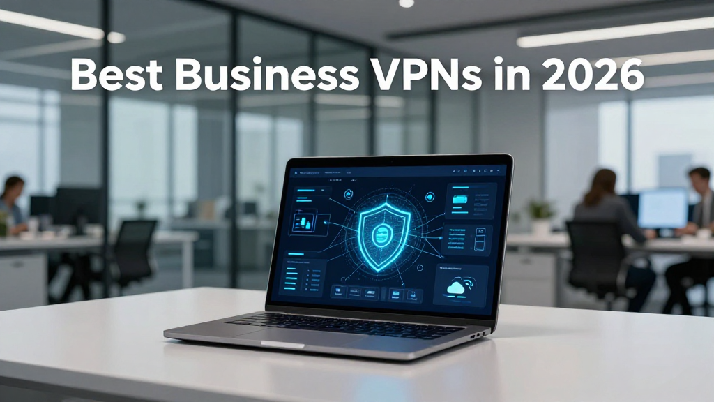 Create a premium, photorealistic featured image for a professional technology blog post titled “Best Business VPNs in 2026.” Show a modern corporate workspace with a laptop displaying a sophisticated cybersecurity dashboard, a subtle glowing digital shield symbol, and elegant encrypted network connection lines linking remote employees, office devices, and cloud infrastructure. Use a refined palette of deep navy blue, charcoal, white, and subtle electric cyan accents. Incorporate realistic glass office architecture, clean desk details, soft cinematic lighting, precise reflections, and a polished enterprise technology aesthetic. The composition should communicate business cybersecurity, secure remote access, data protection, privacy, and professional reliability. Keep the central subject visually clear, with balanced negative space for optional headline placement. Use realistic materials, crisp details, natural perspective, sophisticated lighting, and high-end commercial photography quality. Ensure the image looks credible, elegant, modern, and suitable for a premium business technology publication. **Image specifications:** Landscape 16:9 aspect ratio, 1200 × 675 pixels, high resolution, professional editorial composition, optimized for a website featured image. No text, no letters, no numbers, no logos, no watermarks, no brand names, no exaggerated holograms, no cartoon graphics, and no artificial-looking visual effects.